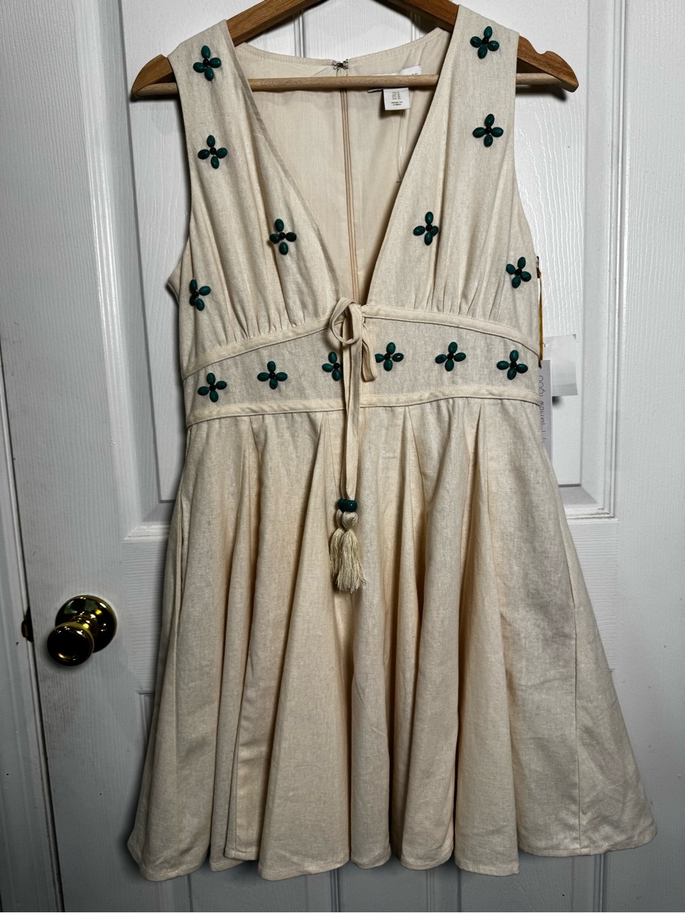 House of Harlow 1960 Cream Linen Blend Embellished Mini Dress NWT Size 6 Pockets